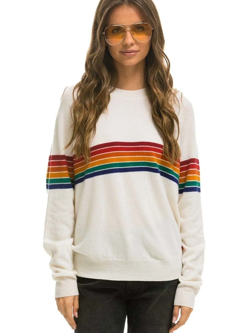 Aviator Nation M Rainbow 6 Stripe Light Cashmere Sweater in Snow. $550 Retail